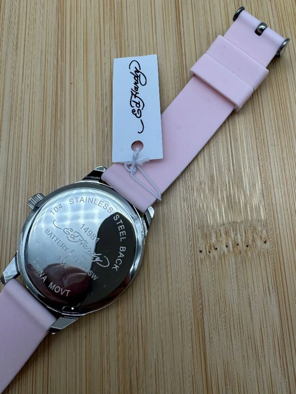 ED HARDY Ladies Light Silver Dial/Matte Pink Artwork Silicone Strap Analog Watch